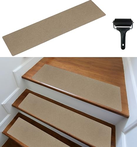 cocofy Treppenstufen Matten modern 15er Set, 75x20 cm groß Filz selbstklebend Stufenmatten innen 15 Stück Teppich Treppenstufen Treppenteppich selbstklebend Treppen Stufenteppich beige