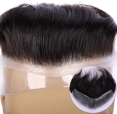 Amiable Men's Hairline Toupee 100% human hair V-Shape Mens Topper Frontal Hair System (#1B, 1.5 * 7 thin skin)