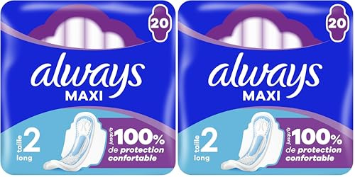 Always Maxi Serviettes Hygiéniques, Taille 2, Long, 20 Serviettes Avec Ailettes, Flux Très Abondants Jour, Cœur Ultra Absorbant et Barrières Anti-Fuites (Lot de 2)
