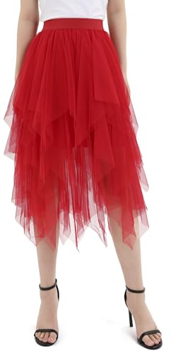 zffriction Jupe Tulle Femme Longueur 80CM Jupe en Tulle Taille Élastique pour Daily, Party, Mariage (FR/ES, Alpha/Lettres, Taille Unique, Taille Normale, Taille Normale, Rouge)