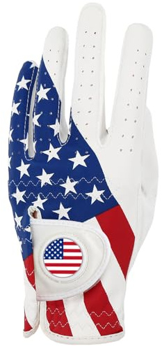 GOLTERS Golf Gloves Left Hand with Ball Marker Men Women Golf Gloves USA Flag Synthetic Leather Lycra Fiber Adjustable Strap Worn On Left Hand (Men's Golf Gloves, Large)