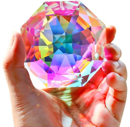 HDCRYSTALGIFTS Acchiappasole prisma arcobaleno da 80 mm per finestra AB colorate grandi perle di ottagono, acchiappasole prismi per interni ed esterni