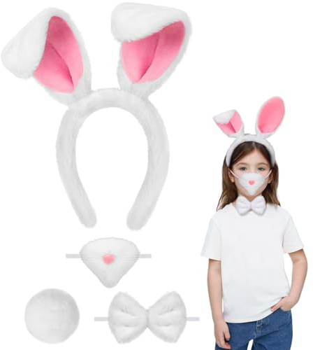 4PCS Accesorios de Disfraz Conejo, Diadema Orejas Conejo Nariz de Conejo Pajarita y Cola, Complementos Disfraz Animal Niños Adultos para Pascua Halloween Carnaval Cosplay Cumpleaños Fiesta Temática