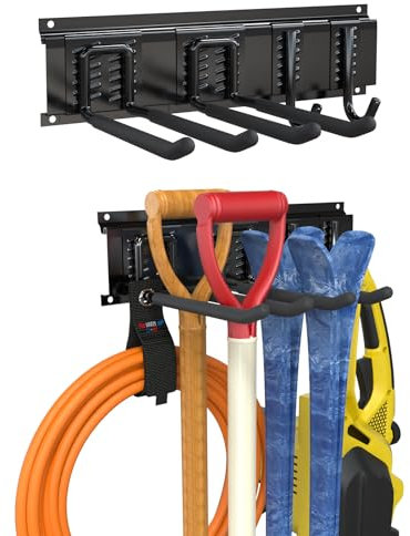 3-H Porte Outils de Jardin Mural 40cm, Range Outils de Jardin Acier Inox, Rangement Outils de Jardin avec 1 Rail & 4 Crochets Réglables pour Ski Chaise Tuyau Maison Garage Jardin