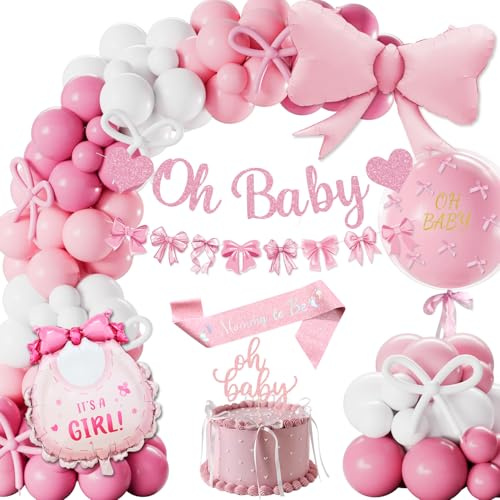 Decoraciones Baby Shower Niña, Globos Rosas y Blancos, Baby Shower Kit con Guirnalda Oh Baby, Globo Lazo, Mummy to Be Faja, Topper Tarta Gender Reveal Party