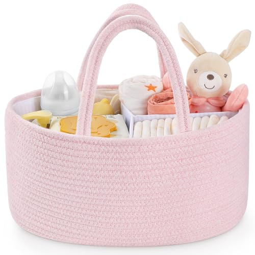 Maliton Wickeltisch Organizer，Baby Organizer Korb，Aufbewahrungskorb für den Wickeltisch，Windel Caddy mit Fächern & Griffen，Geschenke für Neugeborene, Hellrosa