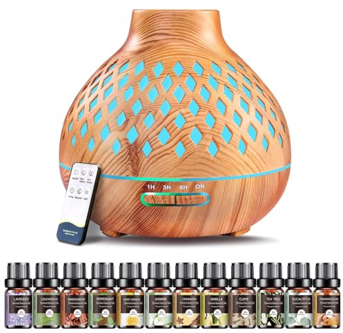 AESHORY Diffuseur d'huiles Essentielles 550ML, Diffuseur de Parfum avec 12x5ML Huiles Essentielles, Humidificateur Ultrasonique avec 7 Couleurs Lumières LED, Arrêt Automatique, pour Maison, Yoga, Spa