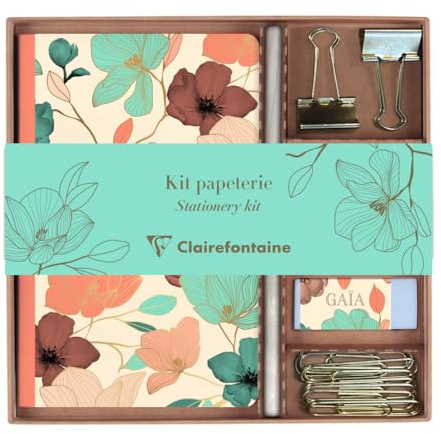 Clairefontaine 116257C - Un Kit de Papeterie contenant un Carnet 11x17 cm 64 Pages Lignées, un Crayon de Papier, 2 Pinces doubles-clip, 10 Trombones et une Gomme - Collection Gaïa beige