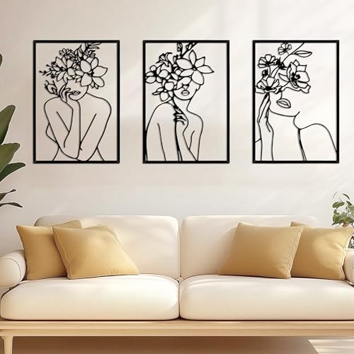 Decoración Minimalista de Metal 3 Piezas Adornos pared Salon Cuadros de Metal Femenino para Dormitorio Sala Estar Baño Galería Negro 44x30 cm