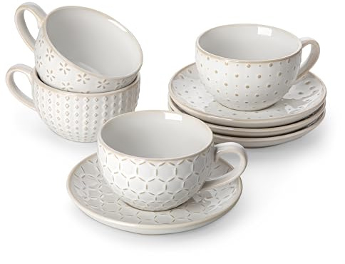 MALACASA 8 OZ Cappuccino Cups with Saucers Set of 4 - Ceramic Stackable Tea Cups and Saucers, Embossment Coffee Mugs for Tea, Latte and Mocha, Dishwasher Safe, Arctic white, LYDIA Series