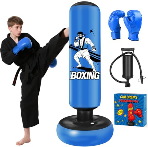 Qoosea Saco de Boxeo Niños, 168cm Bolsa de Boxeo Inflable de Pie con Guantes, Punching Ball Estable para Karate Kickboxing MMA Taekwondo, Regalo Ideal para Niños y Niñas de 3-14 años -Azul