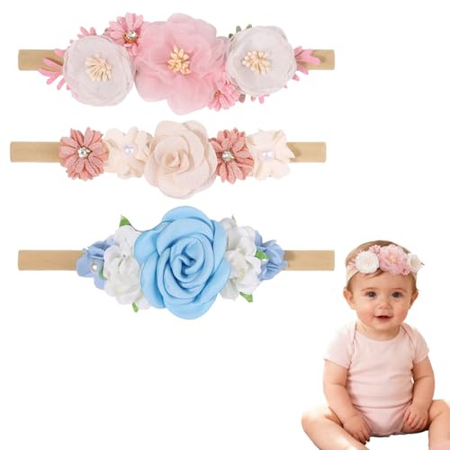 OPVYAEU Lot de 3 Bandeaux Bébé Fille – Bandeau souple et élastique avec fleurs & nœuds, Accessoires cheveux nouveau-né pour séance photo, quotidien & cadeau
