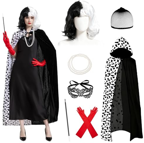 Beeoecm Travestimento Crudelia Demon Donna, 7 Pezzi Kit di Costume Crudelia Demon Donna con Mantello, Parrucca, Guanti e Collana per Halloween Carnevale Mascherata
