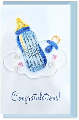 Quilling New Baby Card with Envelope - Handmade Sweet Baby Bottle Pacifier Boy Blue Cloud - Quilled Card for New Mom, Dad, Parents - Congratulations Greeting Card - Paper Quilling Art 3.5x5 Inch