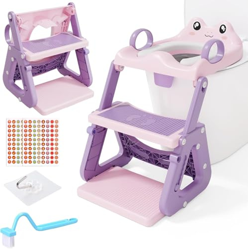 Adaptador WC Niños con Escalera,Estabilizar Reductor Wc Niños con Estructura Triangular,Inodoro de Entrenamiento 3 en 1 para Niños,Cojín de PVC Impermeable,Antideslizante y Plegable,Rosa