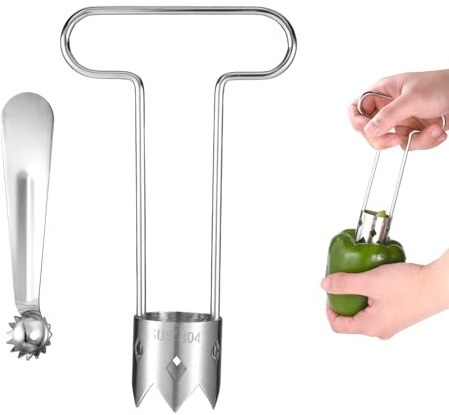 2st Röd Paprika Kärna Borttagare Set, Rostfritt Stål T-Form & Skedform Frukt Grönsak Stjälk Borttagare Praktiskt Köksredskap för Paprika Ananas Päron Äpple Tomat Kärna Grop