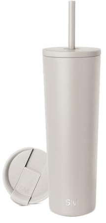 Simple Modern Thermobecher mit Strohhalm und Deckel | Trinkbecher mit Henkel Wiederverwendbare Edelstahl | Geschenke für Frauen und Männer | Classic | 830ml | Almond Birch