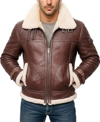 Fashion_First Chaqueta de aviador de piel de oveja auténtica B3 para hombre, estilo aviador, estilo piloto volador, abrigo de vuelo vintage de invierno de la Segunda Guerra Mundial, marrón, M