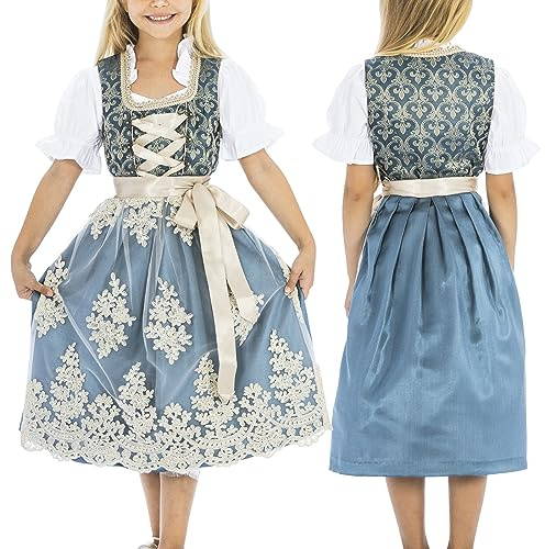 BAVARIA TRACHTEN Kids Dirndl Dress: Authentic German Alpine Oktoberfest Costume for Girls Daughter Blue Gold11-12