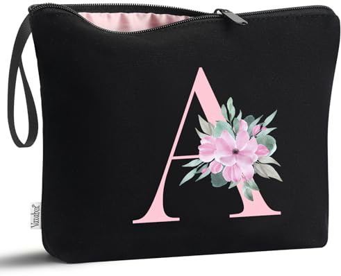 Vavabox Beauty case con iniziali personalizzate dalla A alla Z, regalo di compleanno per donne, regalo per sposa, damigella d'onore (A, 01-Nero)