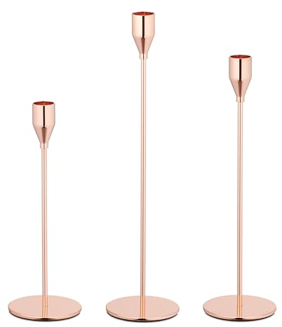 Relaxdays Kerzenständer 3er Set, Metall, Moderne Kerzenhalter für Stabkerzen, versch. Größen, Stabkerzenhalter, roségold