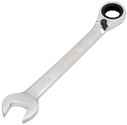 DAKCOS Fast huvud vändbar spärrnyckel 19 mm, kombinationsnyckel, skiftnyckel med matt kromfinish, CR-V