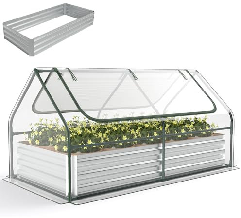 GiantexUK Raised Garden Bed with Greenhouse, 2 in 1 Galvanized Metal Rectangular Elevated Planter Box with Cover & Roll-up Windows, Bottomless Flower Herbs Plants Vegetables Grow Box (Clear PVC Cover)