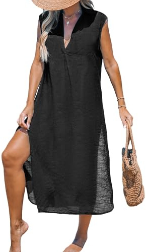 CUPSHE Women's Swimsuit Coverup Casual Sleeveless Side Split Long Cardigans V Neck Midi Beach Dress Black, L