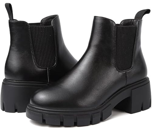 Chelsea Boots Women Ankle Black Boots For Women Uk Platform Ladies Walking Elastic Chunky Heel Lug Sole Slip On Boot Waterproof Winter Booties Size 6 Uk Artificial Leathe Botines Para Mujer Combat