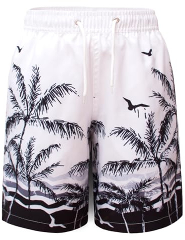 MEILONGER Maillot de Bain pour garçons Short de Bain à séchage Rapide avec Poches doublées en Mesh et Cordon de Serrage réglable (Blanc Noir (Arbre), 14-16)