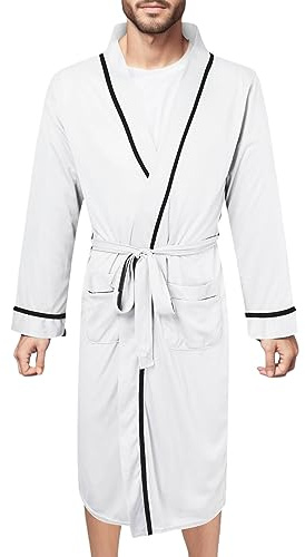WAZHAKU Men's Lightweight Cotton Dressing Gown Long Sleeves Travel Bathrobe Kimono Sauna Gown Man Leisure Loungewear with Pockets and Belt House Coat Long Dressing Gown Bathrobe