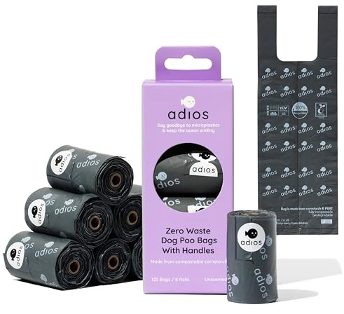 Adios Plastic - Compostable Dog Poop Bags with Handles, 120 Count (8 Rolls) - Grey Colour - Extra Thick, Leakproof, Odour Proof Dog Waste Bags - Made from Compostable Cornstarch - Easy Tear Rolls