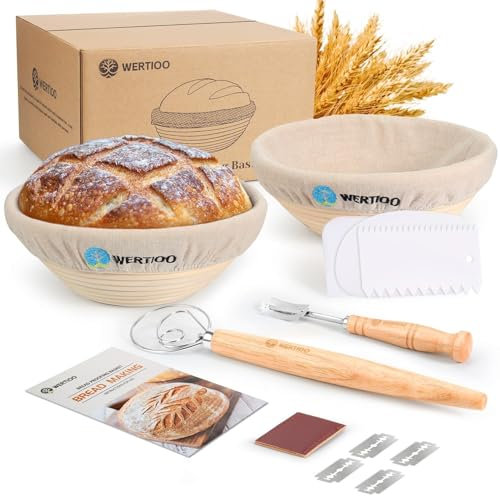 WERTIOO Banneton Brotbackkorb 9 Zoll, 2 Stück Banneton Gärkörbchen Set mit Brotlame Schneebesen Schüsselschaber Leinenbezug, 100% Brotback Set für Hausgebrauch Professionelles Backen Optimal