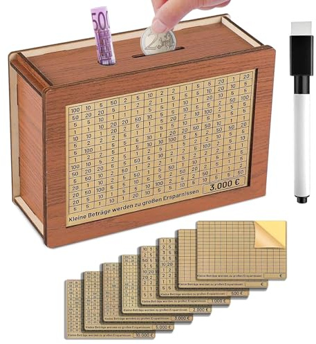 Caja Ahorro de Madera NHDDGR con Objetivos Goalsaver Box Números para Marcar 500€ 1,000€ 3,000€ 5,000€ 8,000€ 10,000€, en Madera con Marcado Removible y Reutilizable