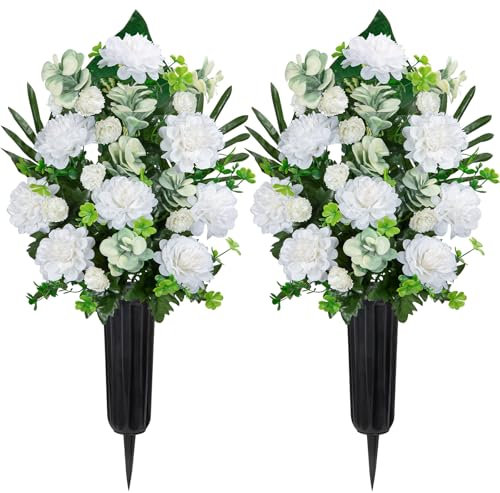 Velibobo Flores artificiales para tumbas, juego de 2 ramos de flores conmemorativas de cementerio, crisantemo funerario con jarrones para decoración de tumbas al aire libre (blanco)