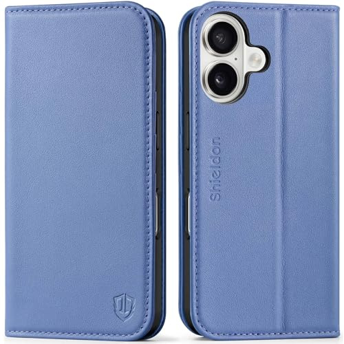 SHIELDON Genuine Leather Flip Wallet Case for iPhone 16, Wisteria Purple