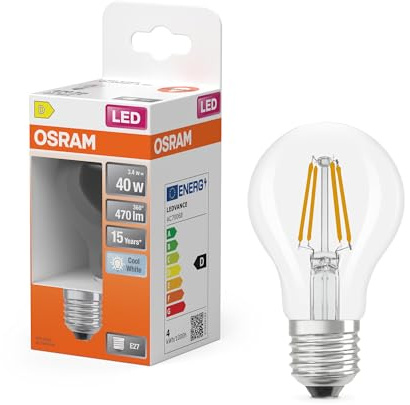 Osram Lampe LED forme étoile filament A40, 4000 K blanc neutre, 3,4 W, E27, transparente, 470 lm, 15 000 h, pour plafonniers et lampadaires, bureau
