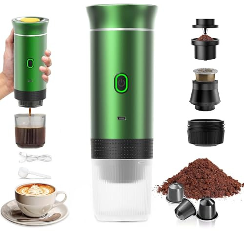 VHV - Cafetera portátil de viaje, calentamiento rápido 3 en 1, cafetera portátil de 12V, auto-calentamiento de 4 a 6 minutos, grandes cápsulas, café molido, para camping, oficina, casa, coche (verde)
