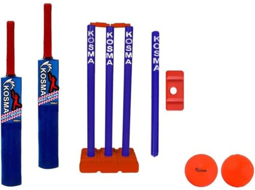 Kwik - Set di mazze da cricket con borsa per il trasporto, 2 mazze da cricket Crazy n. 2 (66 cm) con 2 palle da cricket, set di wicket con bersaglio e una borsa per il trasporto, colore rosso e blu