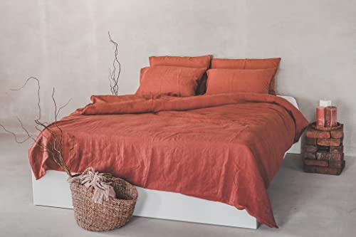 Ger3as Set de Housse de Couette, 100% Lin Lavé Housse de Couette, avec Une Serrure d'hôtel, Stonewashed (Couleurs de Brique Riches, 200 x 200 cm, 2pcs. 80 x 80 cm)