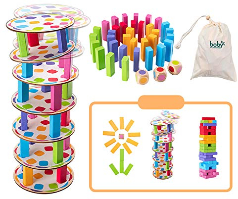 Surplex Hölzern Turm Stapelspiel Wackelturm Feinmotorik-Bausteine mit Würfeln Schiefer Turm Spielzeug Montessori Lernspielzeug für Kinder Familienspaß Spiel Brettspiele mit Aufbewahrungstasche
