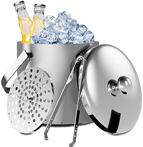 Sunmeyke Doppelwandiger, isolierter Eiskübel aus Edelstahl (3,7 Liter), mit Deckelsieb und Zange, ideal für Cocktailbars und Partys