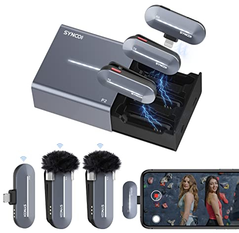 SYNCO Mikrofon Handy P2SL 2.4GHz Lavalier Mic Kabellos【MFi Zertifiziert】 Smartphone Funkmikrofon mit Ladebox & 2*RX 1*TX, für iPhone ipad, Mikrofon-Lavalier-Wireless-Funkmikrofon-Lightning