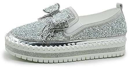 N/AB Women's Casual Fashion Platform Rhinestones Glitter Slip On Sneakers Cute Bowknot Flat Walking Loafers Platform Dress Shoes Silver 40, 8.5