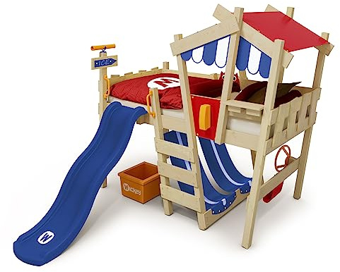 Wickey Children's bed, Crazy Hutty loft bed with blue slide 90 x 200 cm - red/blue cover