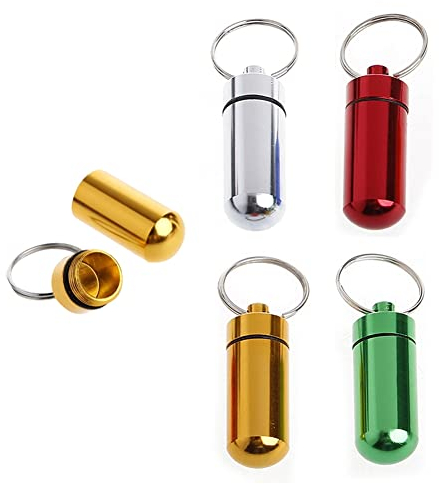 Boîte à Pilule en Aluminium, Porte-Clés Pilulier, Portable Mini Bouteille de Pilule, Mini-bouteille Imperméable, Flacon à Médicament Boîte Conteneur, Capsule Etanche en Aluminium, 4 Couleurs, 4 PCS