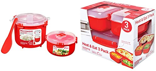Sistema Microwave Rice Cooker (2.6L) & Round Microwave Food Container (915ml) Set | 2 Count & Heat & Eat Microwave Containers | Stackable Lunch Boxes with Clip-Close Lids | Red/Clear | Pack of 3