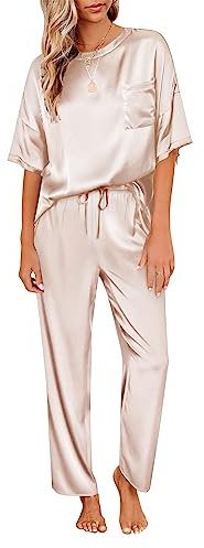Ekouaer Damen Schlafanzug Satin Pyjama Set mit Taschen Zweiteiler Pyjama Lang Hose Freizeitanzug Sommer Seide Kurzes Top, Champagner, XL