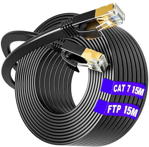 Cable Ethernet 15m Blindé, Cat 7 Cable RJ45 15m Plat, S/FTP Haut Débit Câble de Réseau 10Gbit/s 600MHz, Résistant aux Intempéries Anti-interférence Câble Internet LAN, pour Routeur/Switch(15 Clips)