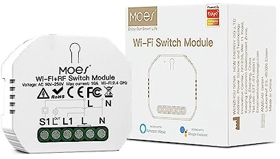 MOES Interruptor Wifi Inteligente conmutador Inalambrico Rele Módulo Alexa Control Remoto, compatible con la app Smart Life/Tuya, Control de voz Alexa/Google Home, 1GANG